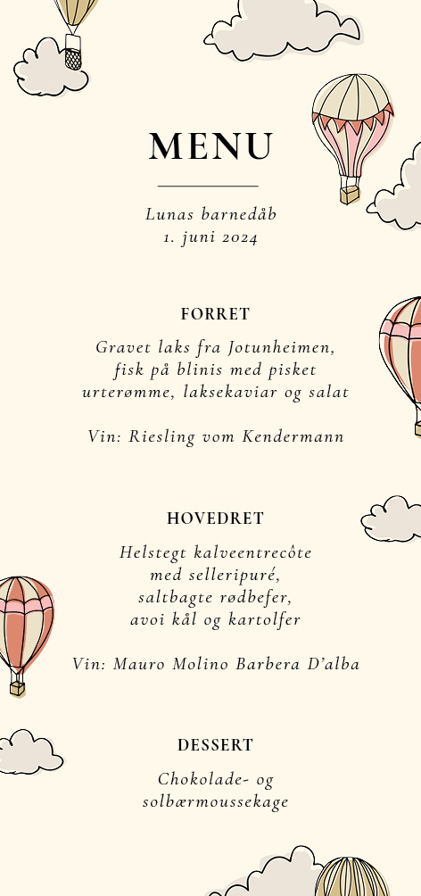 
                Skøt menukort med håndtegnede illustrationer af luftballoner i røde og gule nuancer. Til designet kommer også matchende elementer i form af velkomstskilt, salmehæfte, bordoversigt, invitation, bordkort, drinkskort, takkekort mm. således I kan skabe en rød tråd for dagen.                